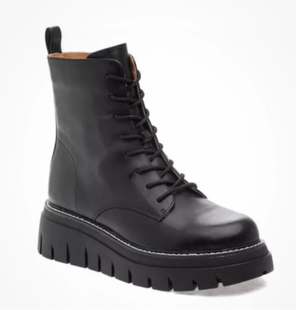 J/Slides Black Leather Toby Combat Boots Side Zip Up 9M